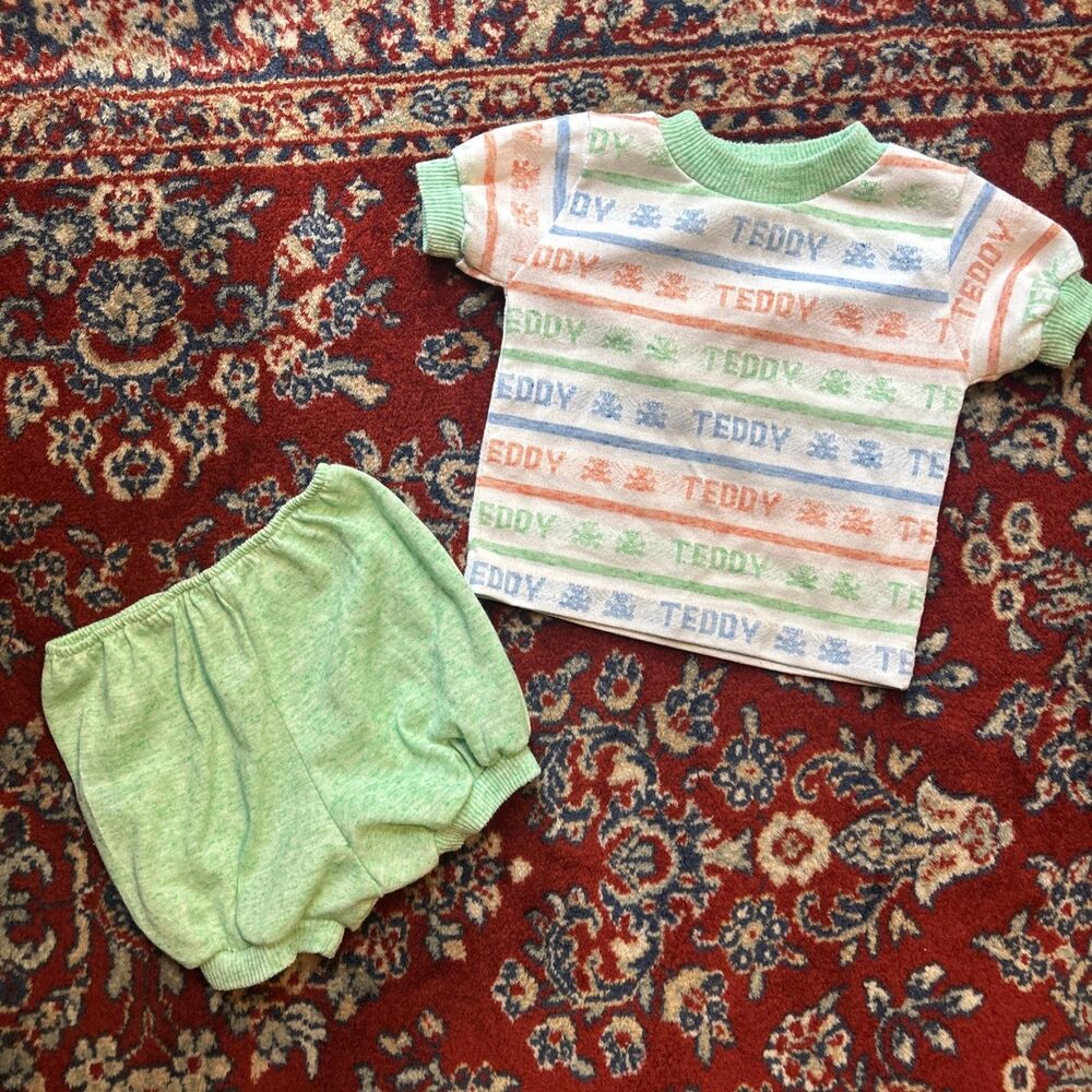 VINTAGE Health-Tex Long Short Striped T Shirt Bloomer Set Teddy Bear 18 Mon USA